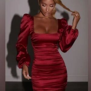 Oh Polly Elegant Puff Sleeve Red Satin Mini Dress